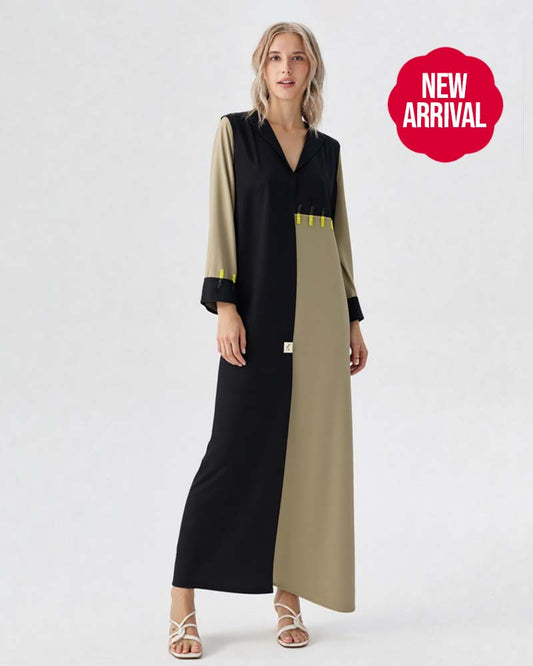 Bold Black& Khaki Abaya Contrast Desert Radiance | New Arrival by Zahra Cloak  ⭐⭐⭐⭐