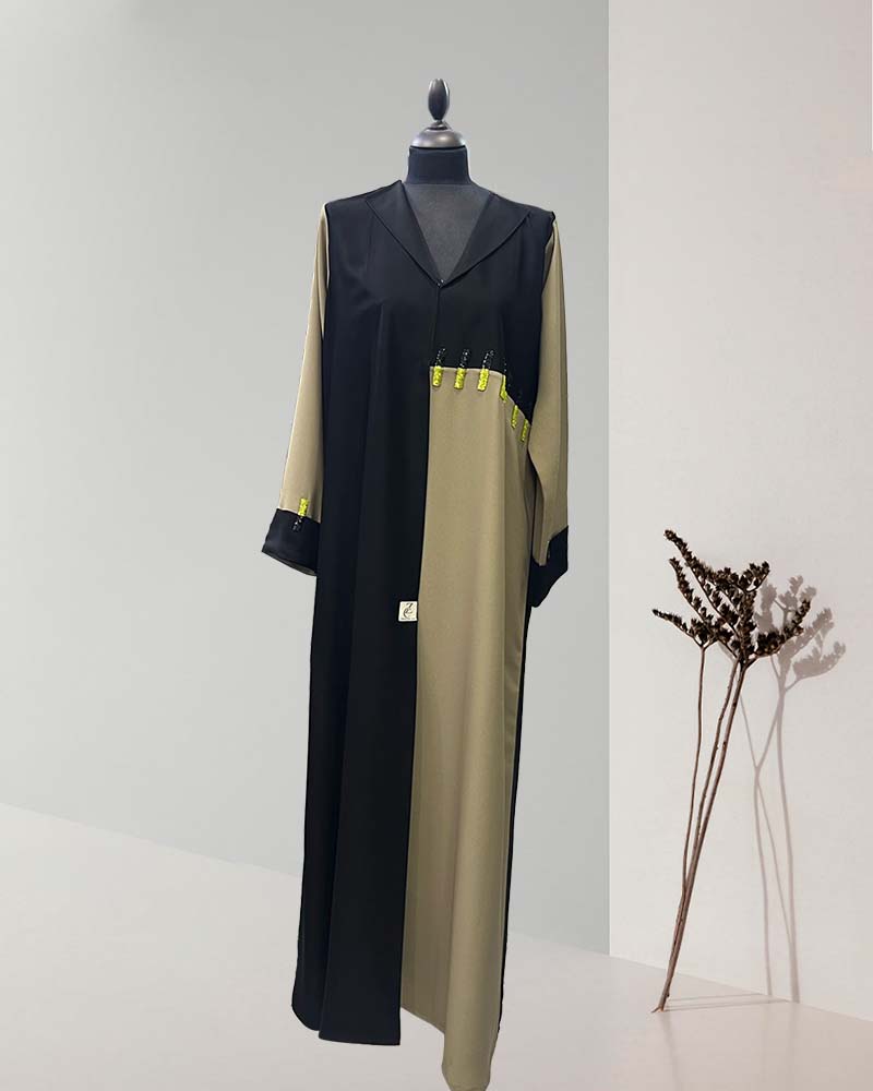 Bold Black& Khaki Abaya Contrast Desert Radiance | ⭐⭐⭐⭐