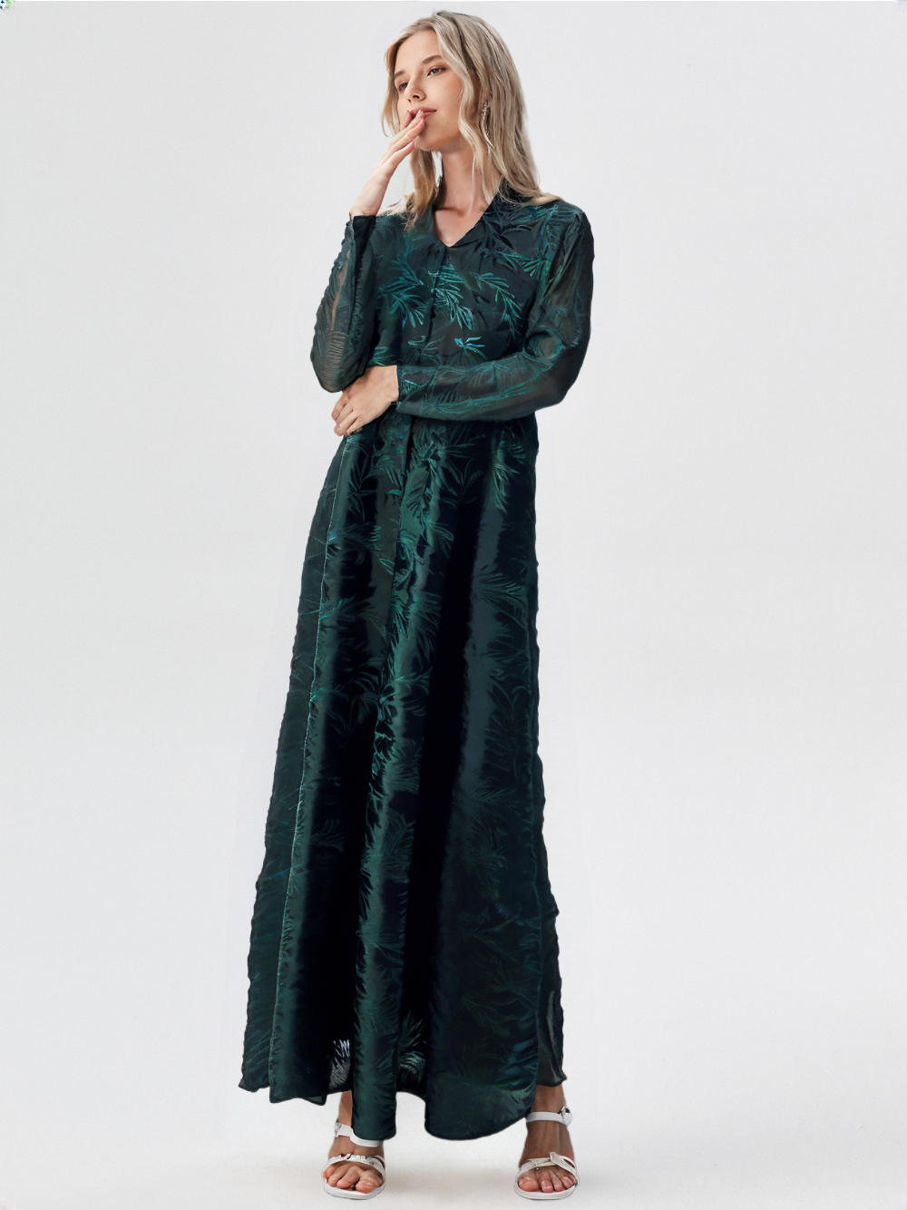 Jade Green Abaya with Leaf-Inspired Details