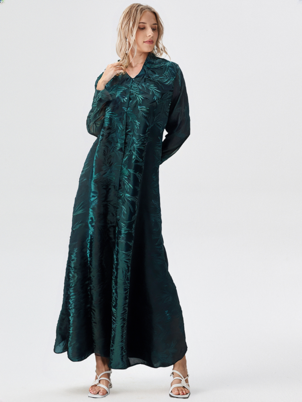 Jade Green Abaya with Leaf-Inspired Details