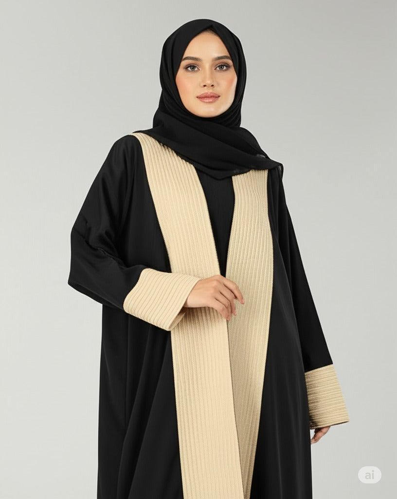 Classic Leen Noir Black & Off-White Abaya
